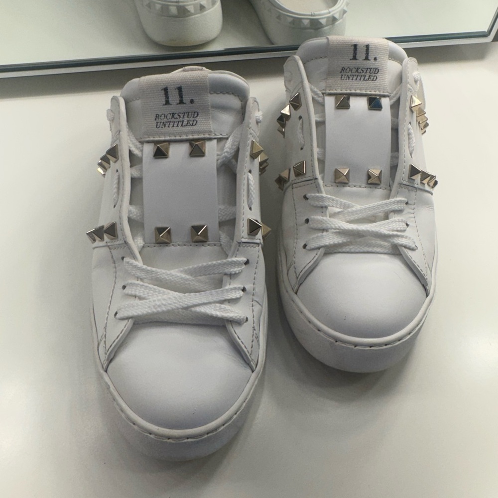 Valentino White Rockstud Untitled Sneakers with gold Studs